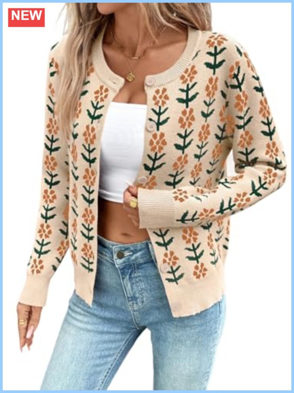 Knit Floral Cardigan Sweater Button Down Long Sleeve Crewneck
